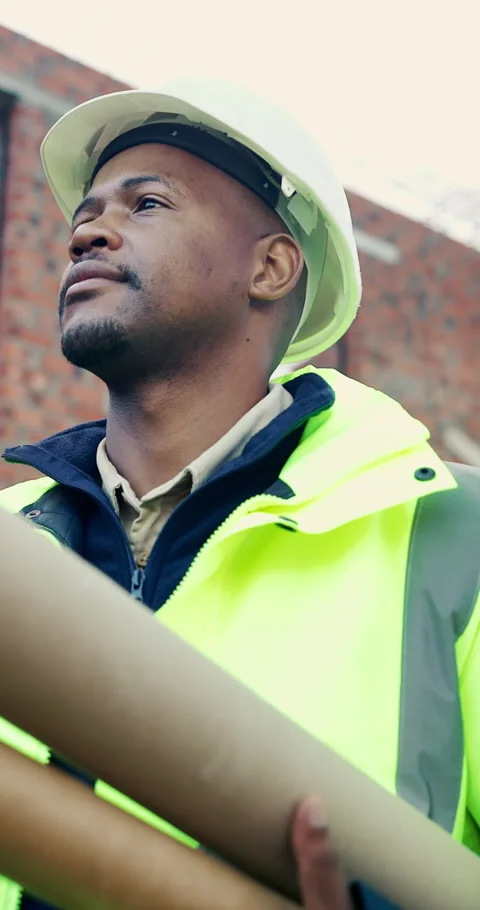 Thinking, engineer and man with blueprint at construction site, infrastructure Stock Footage 336777878