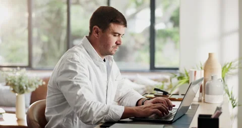 Thinking, freelancer and man with laptop, home office and copywriting on social Stock Footage 329397731