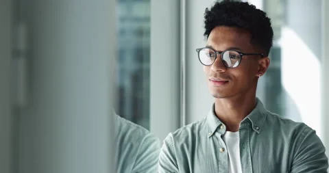 Thinking, future and window with business man in office for problem solving Stock Footage 294421775