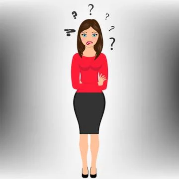 Thinking girl with question mark isolated on white background. Vector illustr Ilustración de archivo