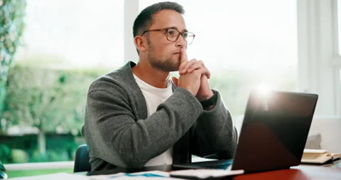 Thinking, glasses and man with laptop in home office, reflection or freelancer Stock Footage 341434082