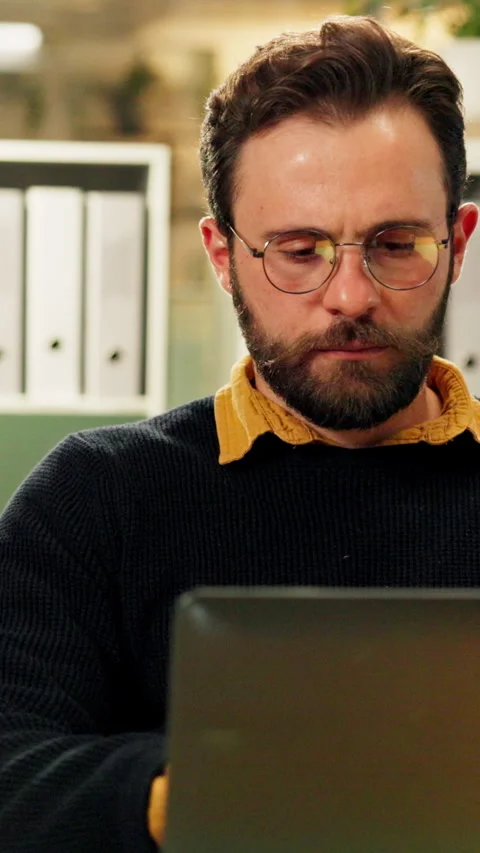 Thinking, glasses or man in office with laptop, problem solving or budget Stock Footage 335355121
