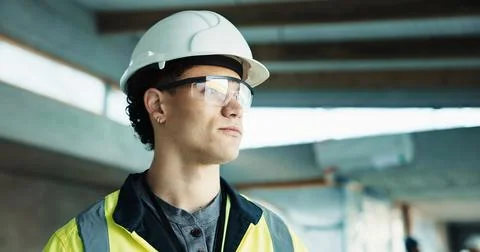 Thinking, goggles and construction worker on site with ideas, memory or planning Stock Photos