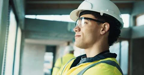 Thinking, goggles and construction worker on site with ideas, memory or planning Stock Photos