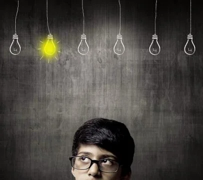 Thinking Half Head Of Genius Little Boy Wearing Glasses Stock Photos