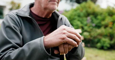 Thinking, hands and old man with cane outdoor for fresh air, mindfulness or Stock Footage 341076357