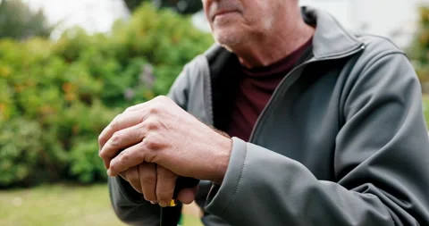 Thinking, hands and old man with cane in garden for fresh air, mindfulness or Stock Footage 341087457