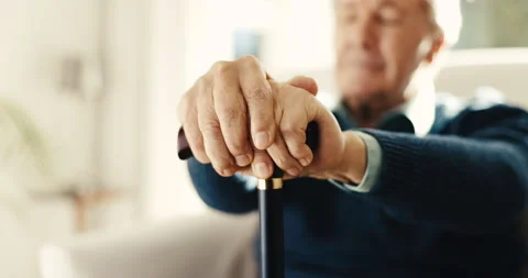 Thinking, hands and senior man with walking stick for nostalgia, reflection and Stock Footage 342231190