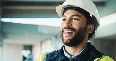 Thinking, happy and construction worker on site with ideas, memory or planning Stock Photos