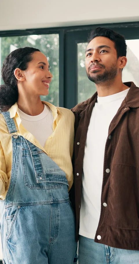 Thinking, happy and couple in new home with love, care and connection with real Stock Footage 340877060