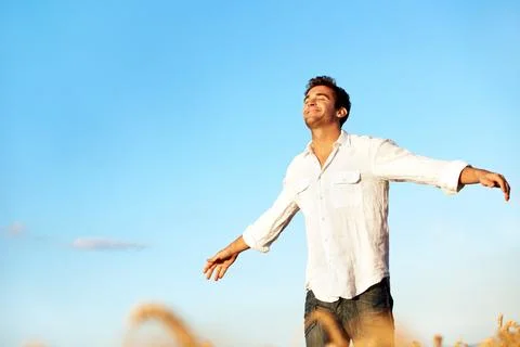 Thinking, happy and man in field for freedom, gratitude and fresh air for w.. Stock Photos