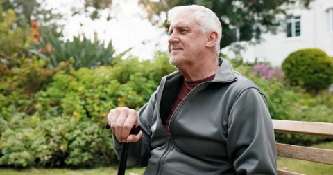 Thinking, happy and old man with cane on bench for fresh air, breathing and Stock Footage 341103233