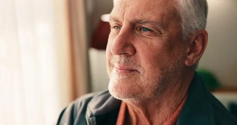 Thinking, happy and senior man in home with reflection, memory or nostalgia for Stock Footage 341395717
