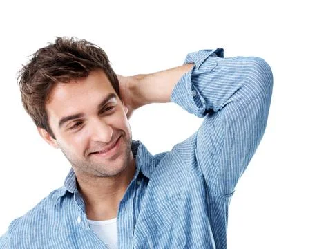 Thinking, happy and vision with man in studio for brainstorming, confused and re Stock Photos