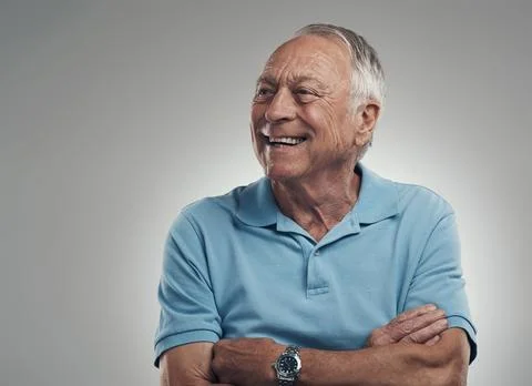 Thinking, happy or old man in studio with arms crossed, nostalgia or positi.. Stock Photos