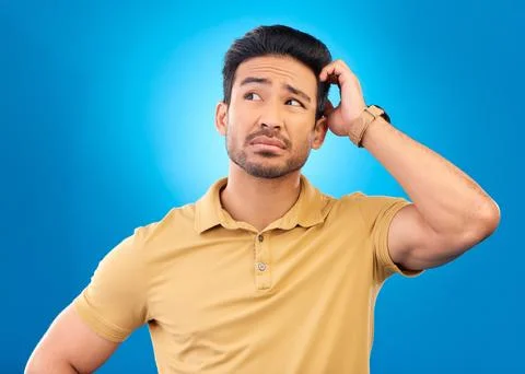 Thinking, head scratch and man brainstorming solution, problem solving plan or Stock Photos