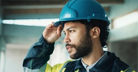 Thinking, helmet and construction worker on site with ideas, memory or planning Stock Photos