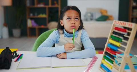 Thinking, homework and book with child in home for brainstorming, math solu.. Stock Photos