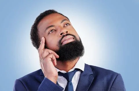 Thinking, idea and black man in studio with choice, planning or problem solving Foto stock
