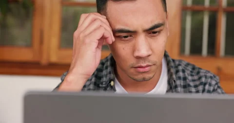 Thinking, idea and computer working of a man worker outdoor busy with pc remote Stock Footage 212363262