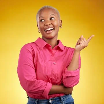 Thinking, idea and happy black woman in studio for choice, option or answer on Foto stock