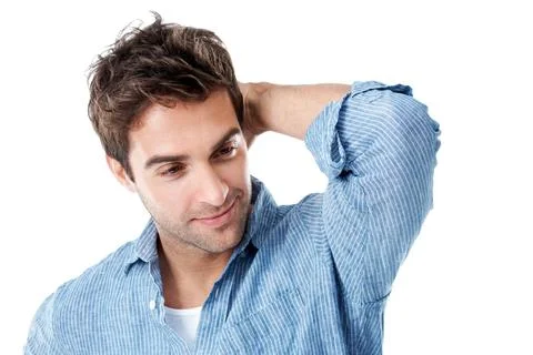 Thinking, idea and vision with man in studio for brainstorming, confused and ref Stock Photos