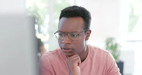 Thinking, idea or black man computer solution for 404 programming glitch or erp Stock Footage 231479352