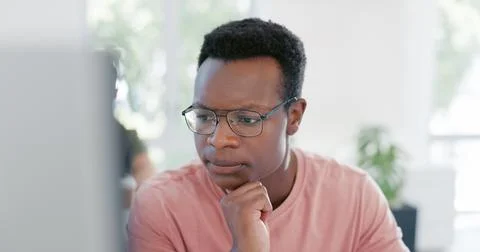 Thinking, idea or black man computer solution for 404 programming glitch or erp Stock Photos