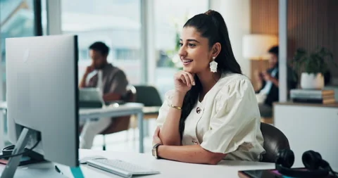 Thinking, idea or journalist in office with computer, draft insight or Stock Footage 329355183