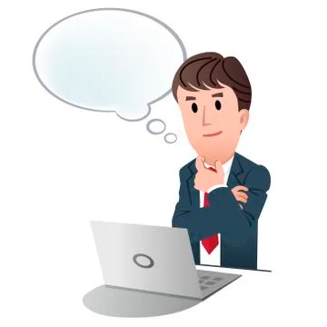 Thinking, imagining businessman with speech bubble at laptop Stock Illustration