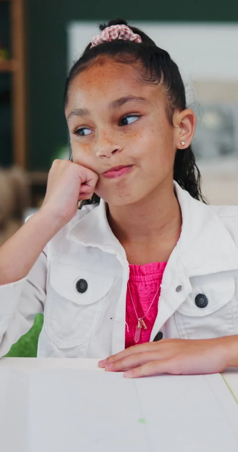 Thinking, kid and student with pen in bedroom for learning,  problem solving and Stock Footage 319374066