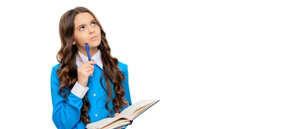 Thinking kid solve mathematical problem holding school book isolated on white Stock Photos