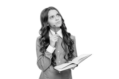 Thinking kid solve mathematical problem holding school book isolated on white Stock Photos