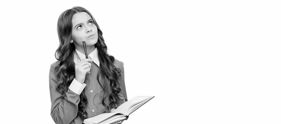 Thinking kid solve mathematical problem holding school book isolated on white Stock Photos