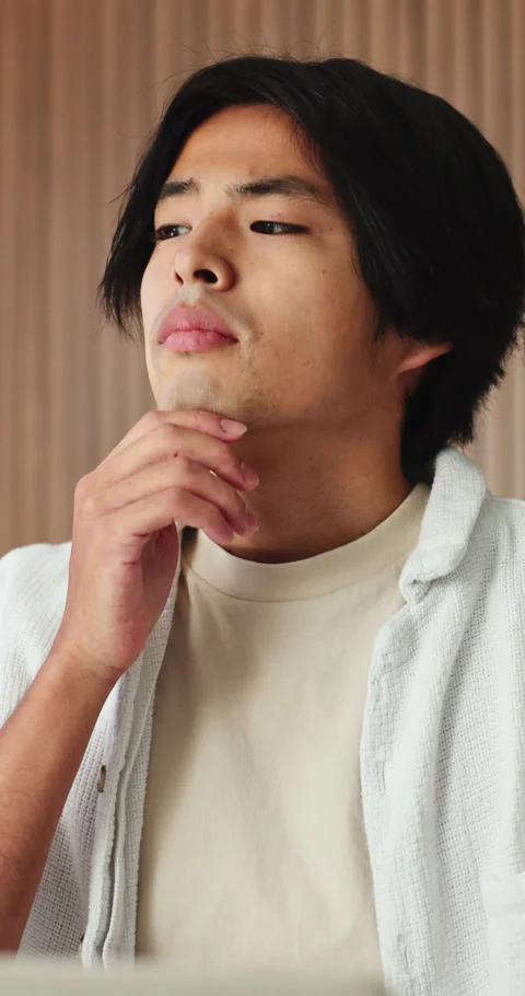 Thinking, laptop and asian man with remote work in house, social media campaign Stock Footage 331625850