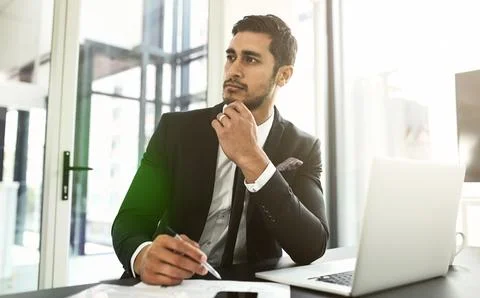 Thinking, laptop and solution with business man for policy, finance regulations Stock Photos