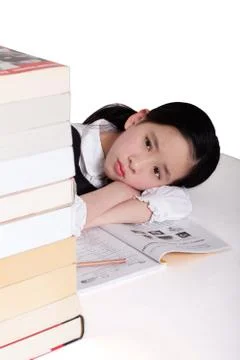 Thinking Learning Book Fatigue Alone girl Kid. Oriental figures Oriental 10 to Stock Photos