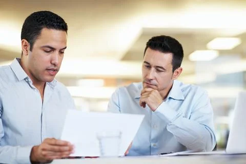 Thinking, man and advice with paperwork in meeting for internal audit, budget Stock Photos