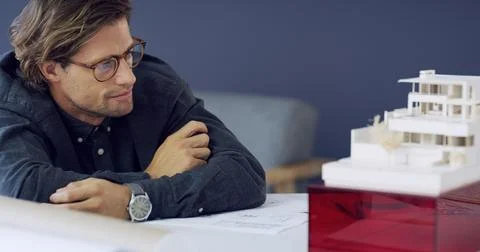Thinking, man and architect with model in office for real estate, illustration Stock Photos