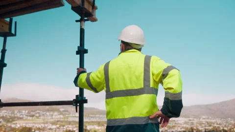 Thinking, man and architect outdoor for construction, inspection and building Stock Footage 336223833