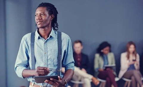 Thinking, man and candidate with tablet in waiting room for vision, recruit.. Stock Photos