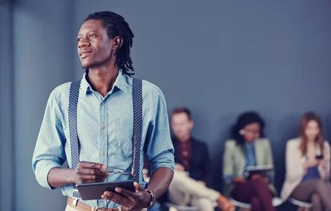 Thinking, man and candidates with tablet in waiting room for vision, recrui.. Stock Photos