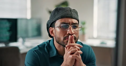Thinking, man and computer in office for programming, research and system login Vidéo 346955008