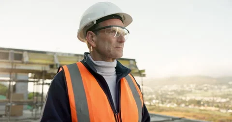 Thinking, man and construction worker on site with ideas for inspection on Stock Footage 342746400