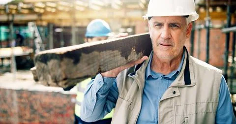 Thinking, man and construction worker with plank on site for ideas on building Stock Photos