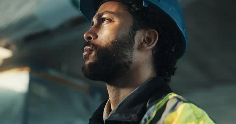 Thinking, man and construction worker on site with ideas, reflection or planning Stock Photos