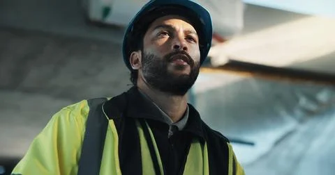 Thinking, man and construction worker on site with planning, reflection or ideas Stock Photos