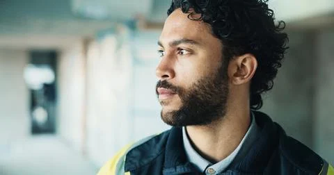 Thinking, man and construction worker on site with inspection, memory or Stock Photos