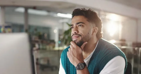 Thinking, man and deadline with computer in office, night and ideas for story Stock Footage 312780689