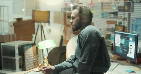 Thinking, man and detective smoking in office for investigation, problem solving 動画素材 314793775